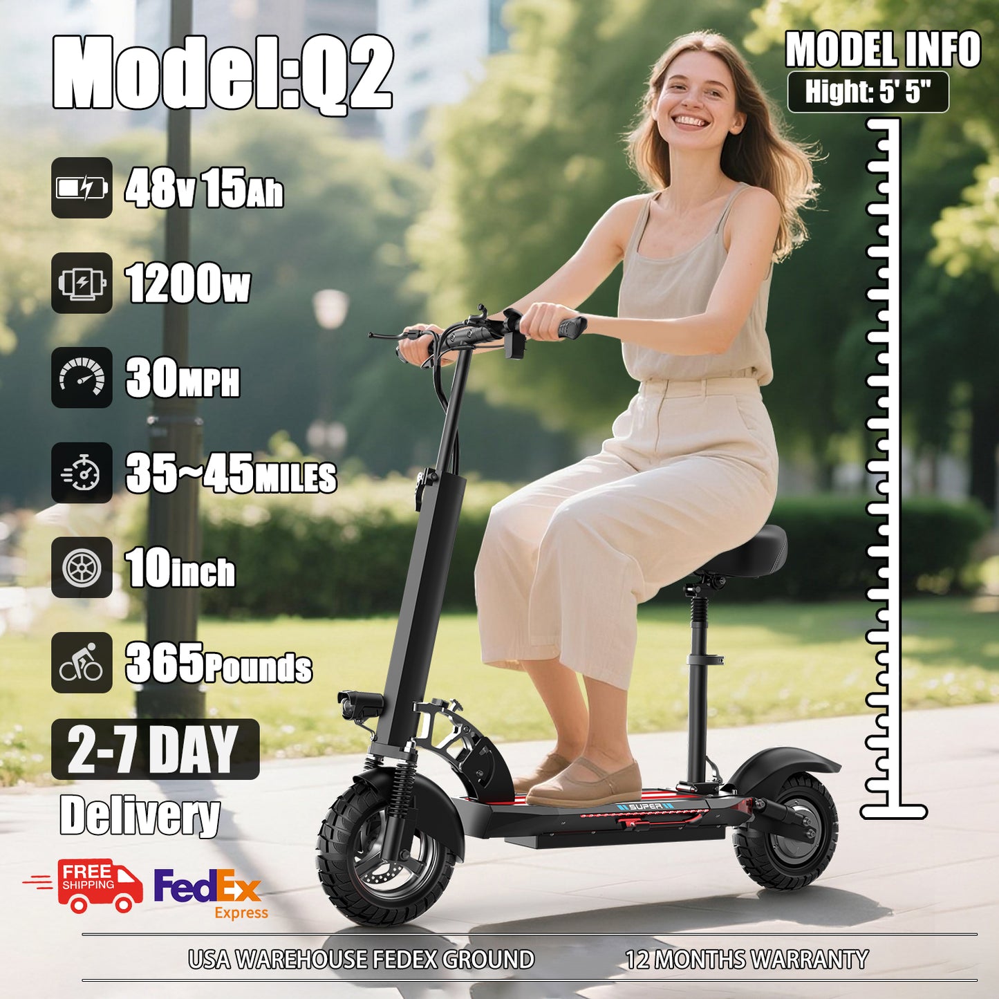 ASKGO Q2 1200W Peak Off Road Electric Scooter for Adults ,3 speed&27MPH &35Mile Escooter,48V 15AH Electric Scooter With Detachable/Foldable seat, 10''Tire All Terrain,330LBS Capacity,UL2272