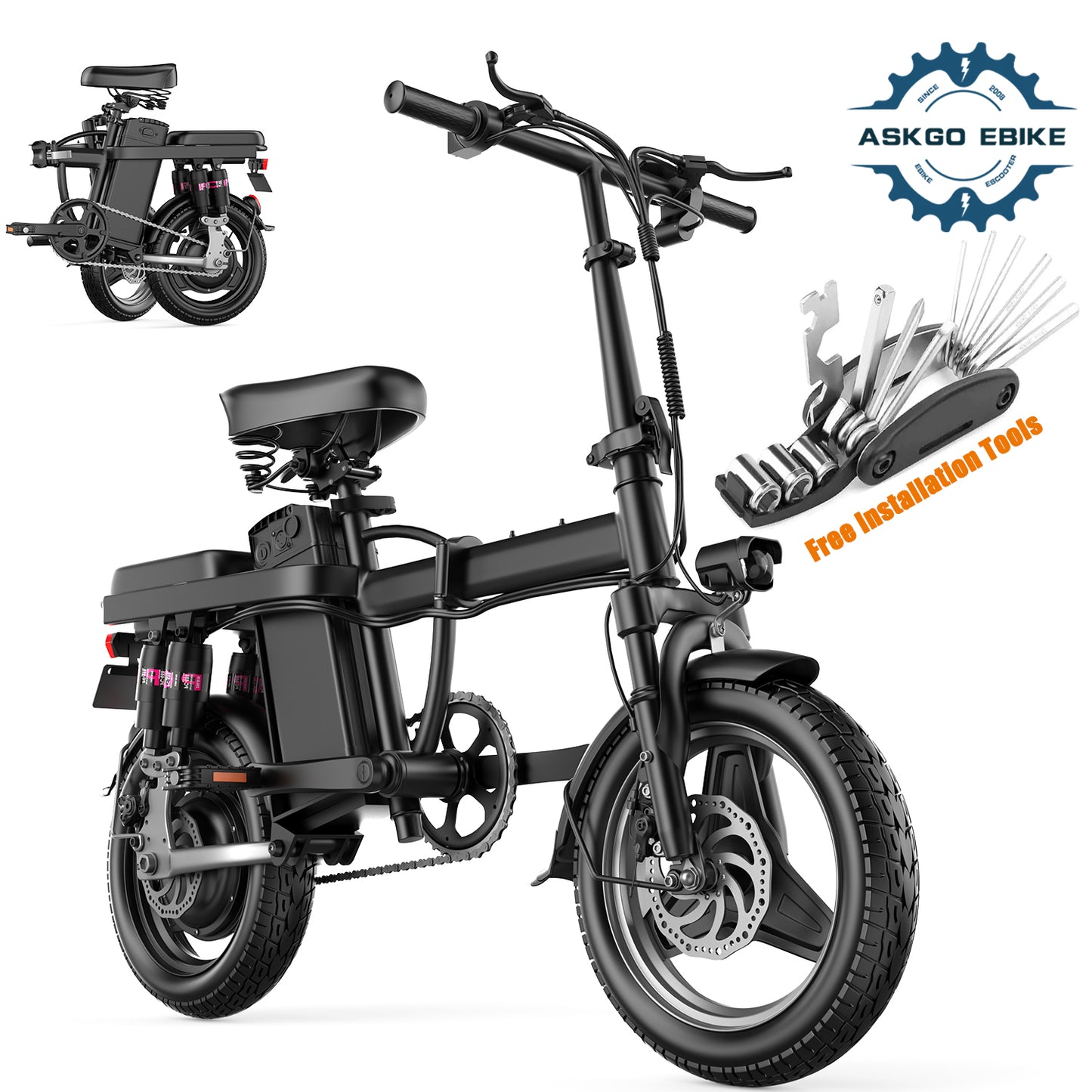 ASKGO F9 Adult Ebike 500W Peak Motor Folding 48V 13AH Electric Bicycle 25MPH 25Miles Range