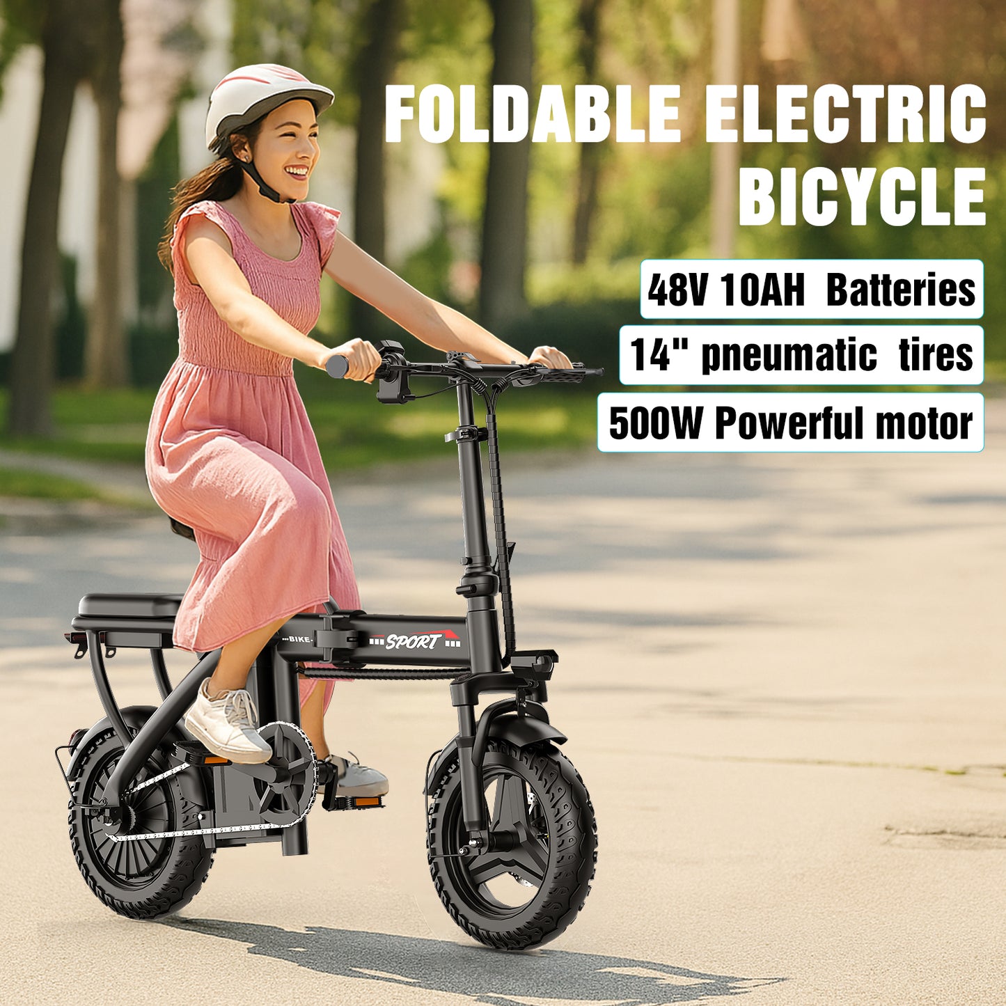 ASKGO Electric Bike for Adults, 14" Tires, 20mph 25miles Long Range, 500W Motor, Folding Electric Bicycle for Commuting, 500W Motor, 48V 10AH Removable Battery E Bike, Dual Disc Brakes