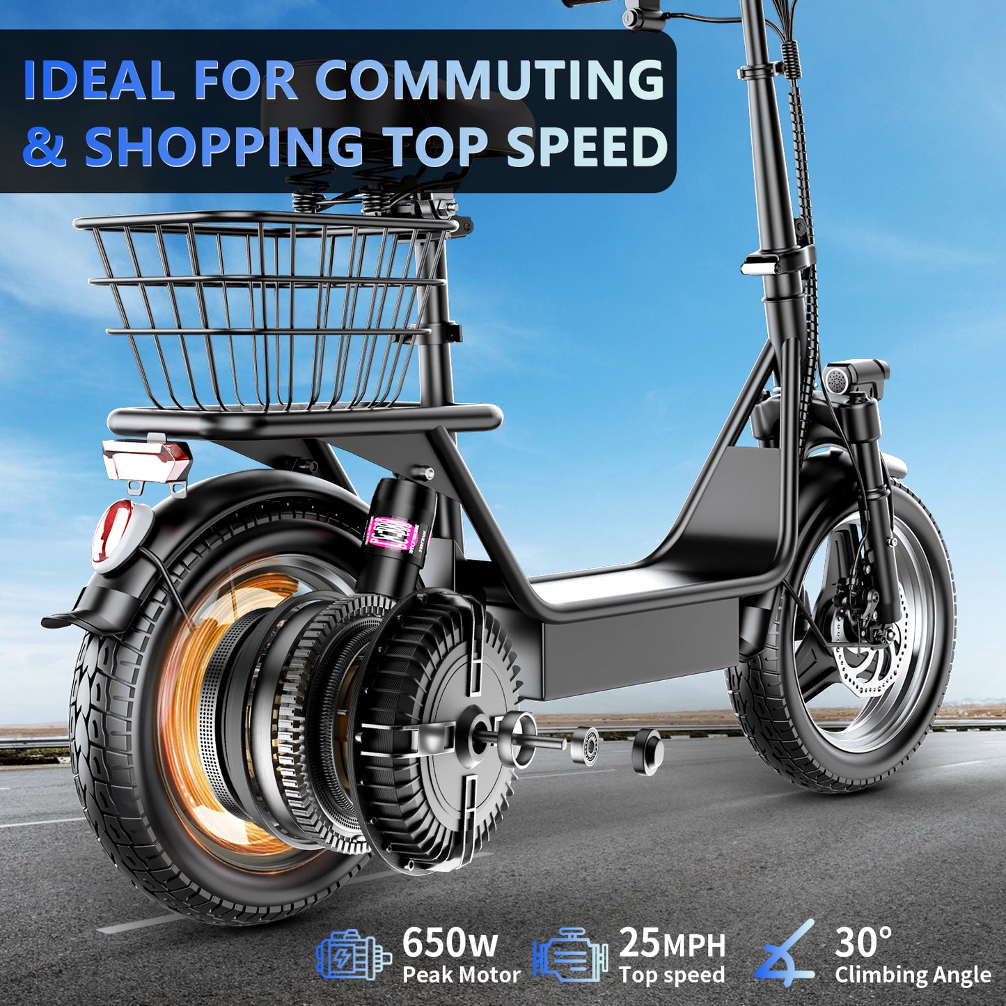 ASKGO K8 Adult Electric Scooter with Seat 650W Motor 36V 13Ah Battery 20MPH 25Miles Range