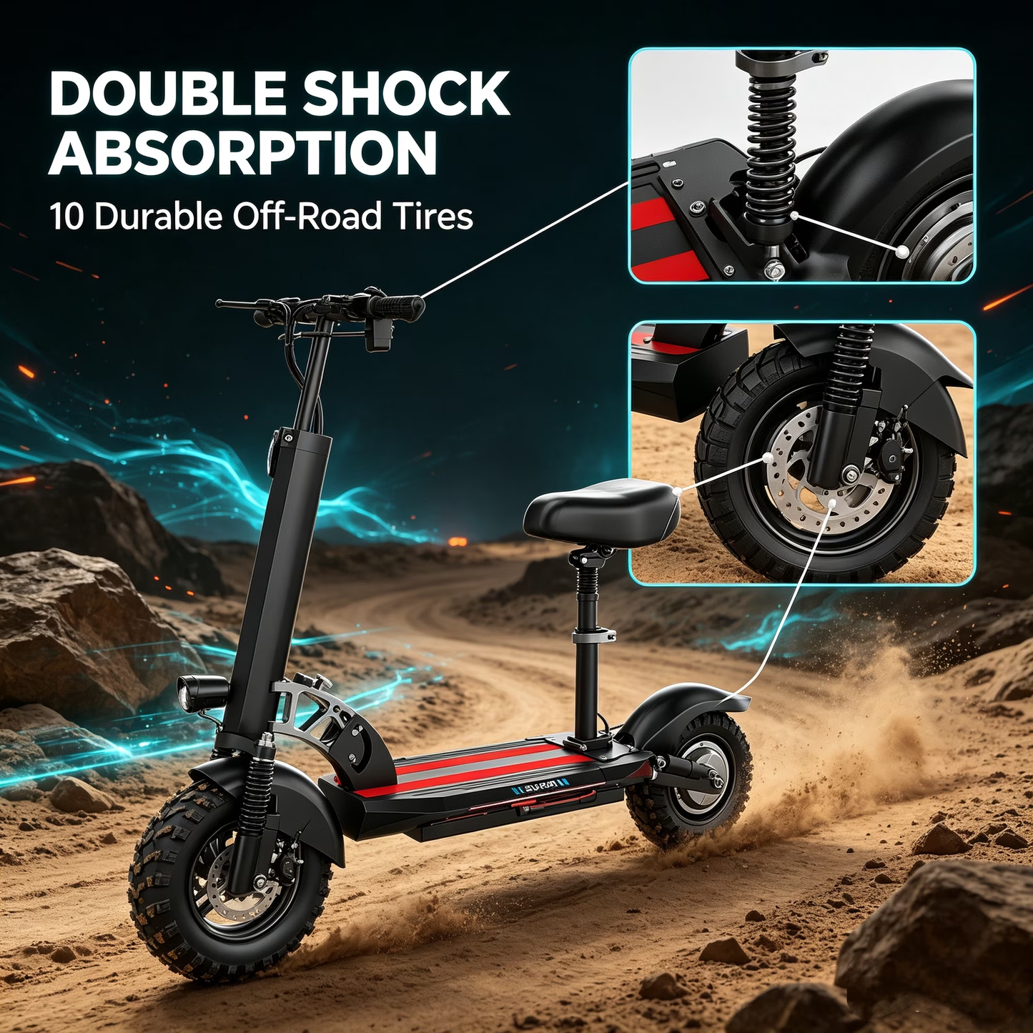 ASKGO 1200W Peak off‑road Electric Scooter with Seat, 48V 15Ah Foldable for Outdoor Use, up to 25MPH & 35‑45 Miles, 3‑Speed, 10" All Terrain Tire, UL2272