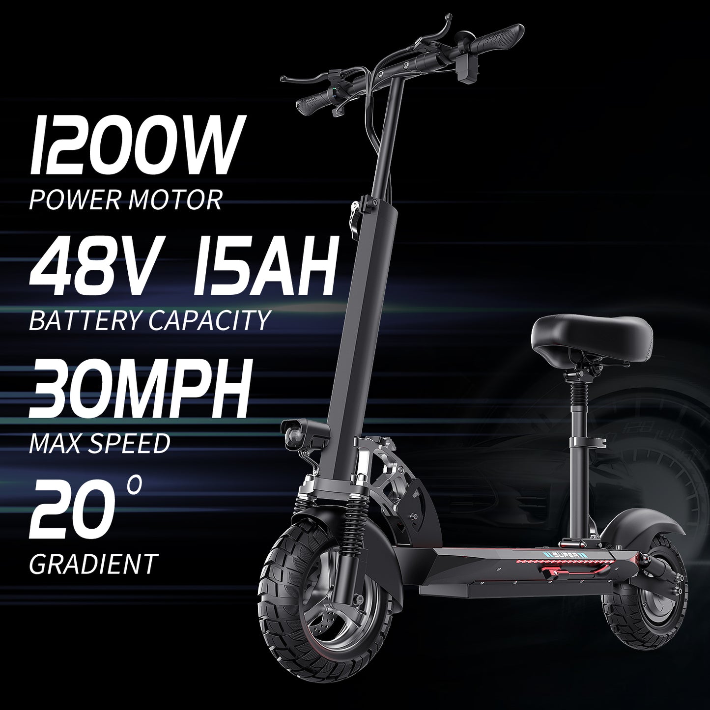 ASKGO Q2 1200W Peak Off Road Electric Scooter for Adults ,3 speed&27MPH &35Mile Escooter,48V 15AH Electric Scooter With Detachable/Foldable seat, 10''Tire All Terrain，330LBS Capacity，UL2272