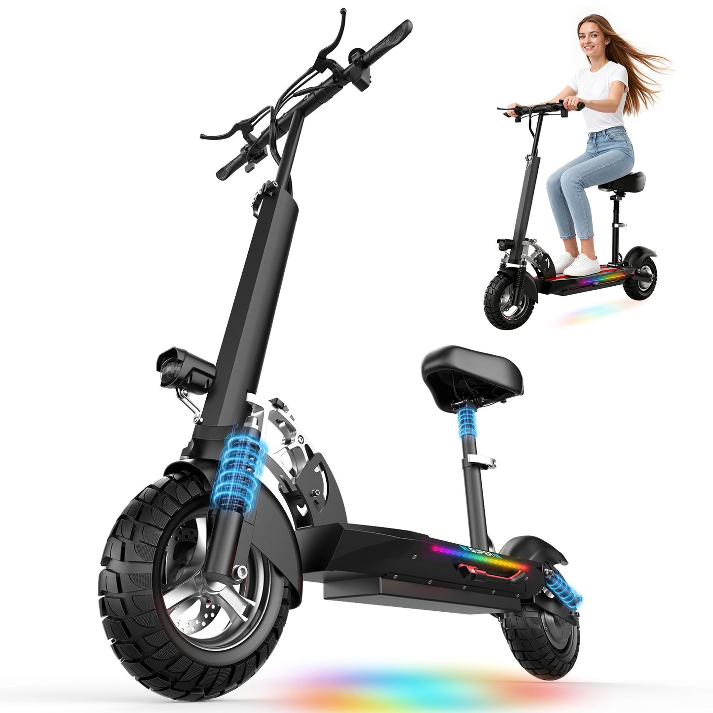 ASKGO Q2 1200W Peak Off Road Electric Scooter for Adults ,3 speed&27MPH &35Mile Escooter,48V 15AH Electric Scooter With Detachable/Foldable seat, 10''Tire All Terrain，330LBS Capacity，UL2272