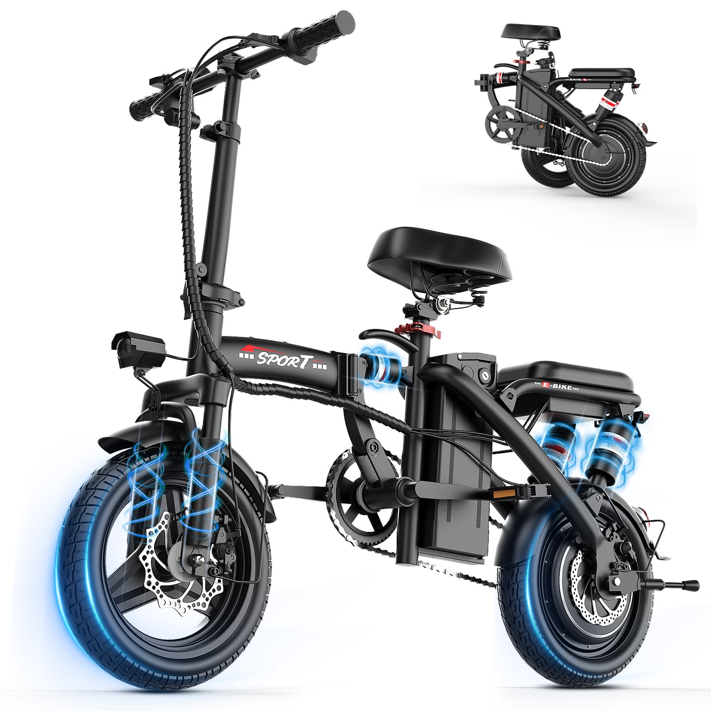 ASKGO 1200W Peak 650W Foldable Electric Bicycle, 48V 13Ah Commuting Electric Bike for Adults, 14" Portable Electric Bicycle with Multi Shock Absorber, UL2849