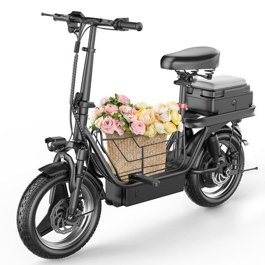 ASKGO K12 Electric Scooter with Seat for Adults, 500W (650W Peak) Motor E Scooter with Rear Box, 20-25 MPH and 30-35 Miles Long Range, 14" Tires, Ample Storage for Pet & Cargo