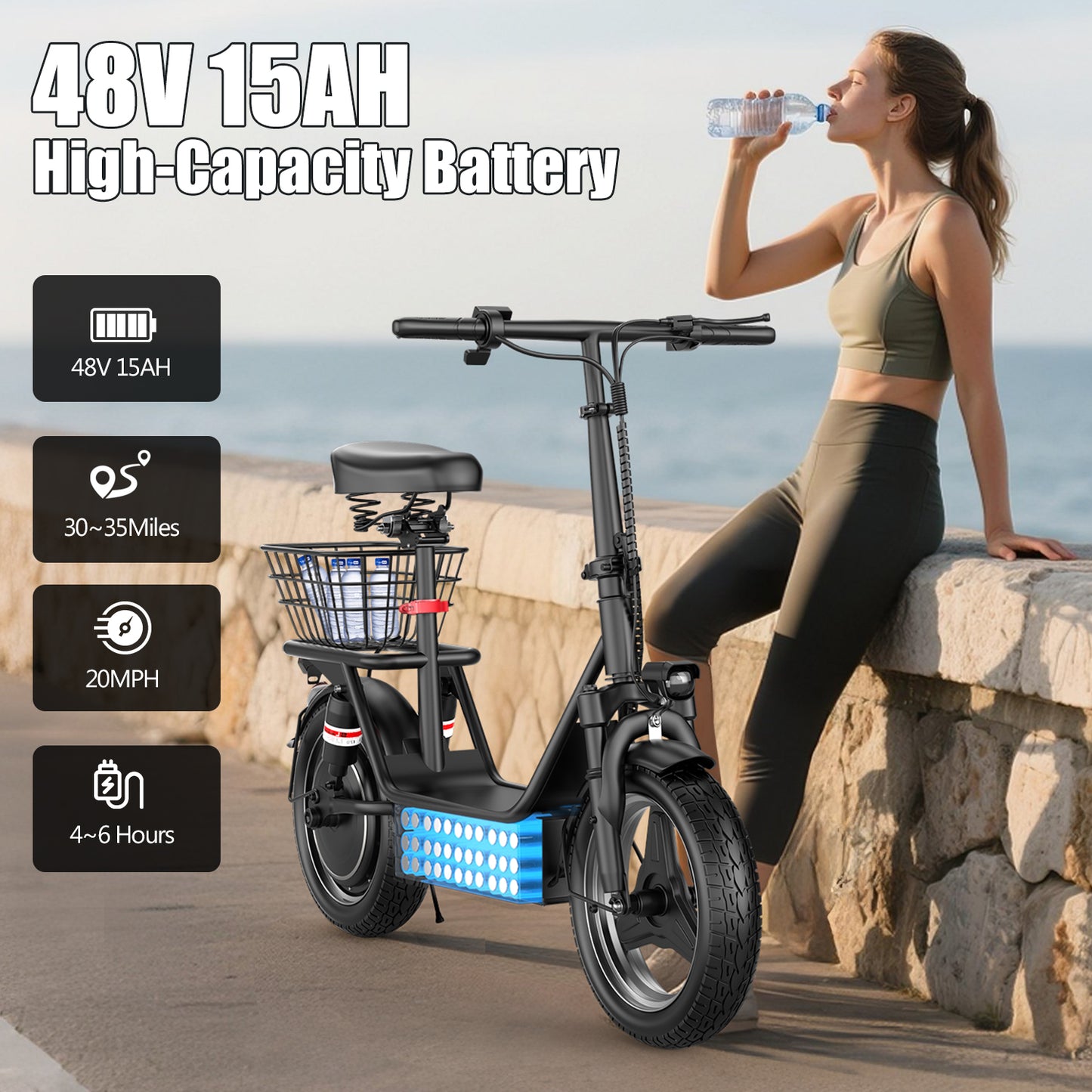 1200W Peak Electric Scooter with Basket or Box(Removable), 48V 15AH Peak Motor, Top Speed25 MPH, 25-30Mile, Adult Wide PedalEscooter with Seating Capacity of 365LBS