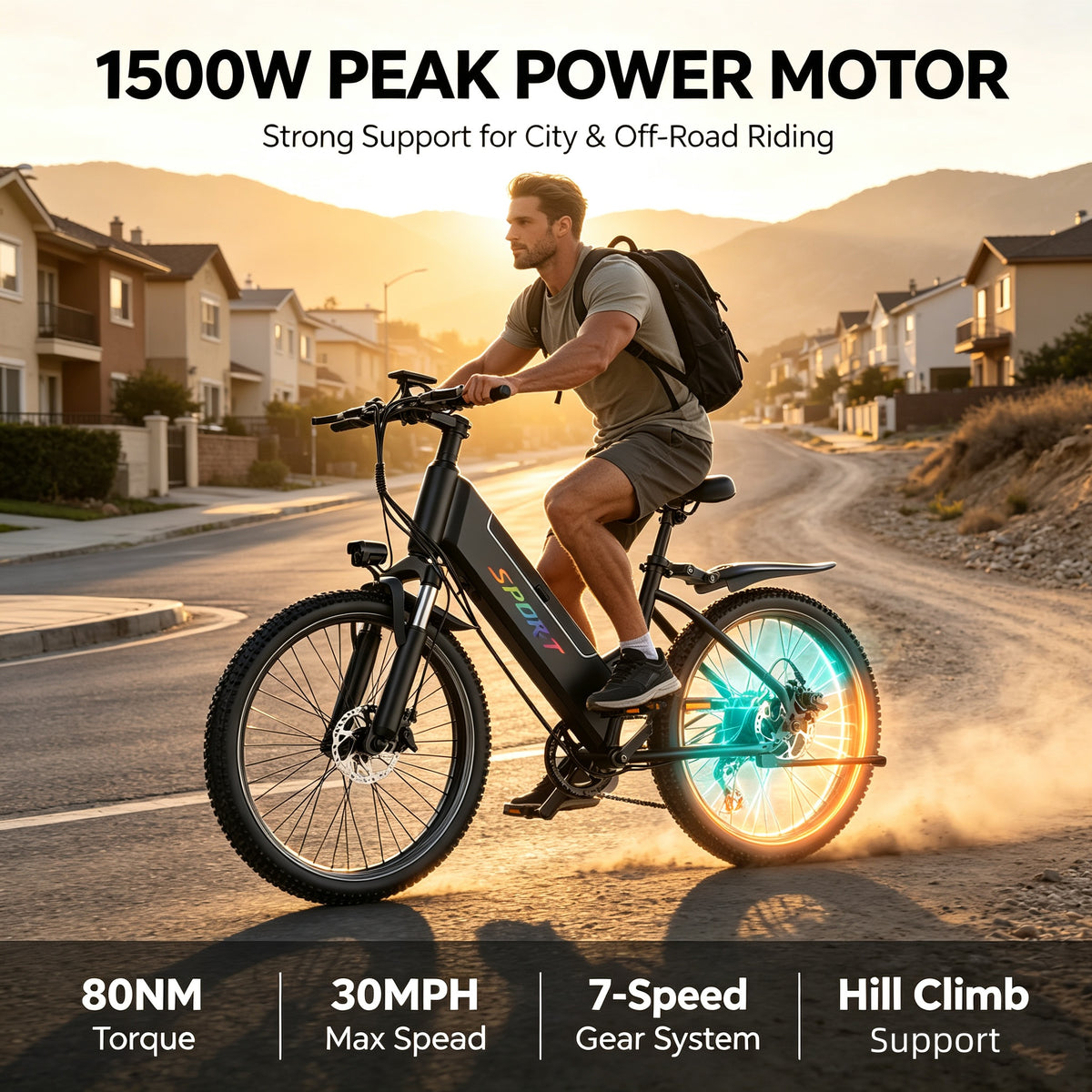 F26-1500W Off-Road Electric Bike, 26" Tire 55 Miles Electric Bike ,48V 10.5 Internal Battery (Removable), Top Speed 30MPH, Electric Mountain Bike Beach Bike, Professional 7 Speed UL2849