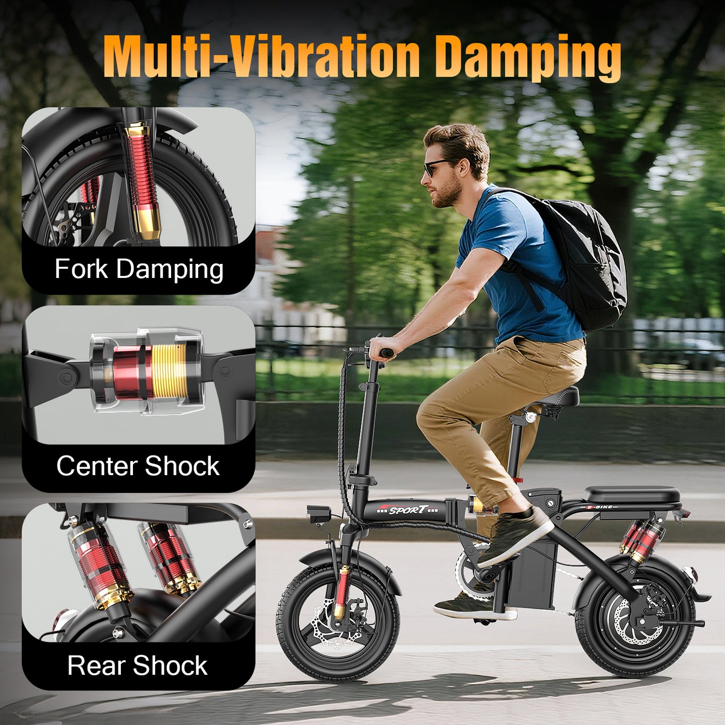 ASKGO 1200W Peak 650W Foldable Electric Bicycle, 48V 13Ah Commuting Electric Bike for Adults, 14" Portable Electric Bicycle with Multi Shock Absorber, UL2849