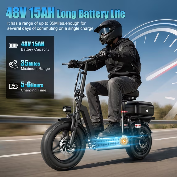 1200W 25MPH Electric Scooter with Seat,35 Mile,14'' Puncture-Resistant Double-Layer Tires,48V 15A Battery with Waterproof Charging Port,High-Quality Waterproof R-Box, 3-Speed Commuter Escooter,UL2272