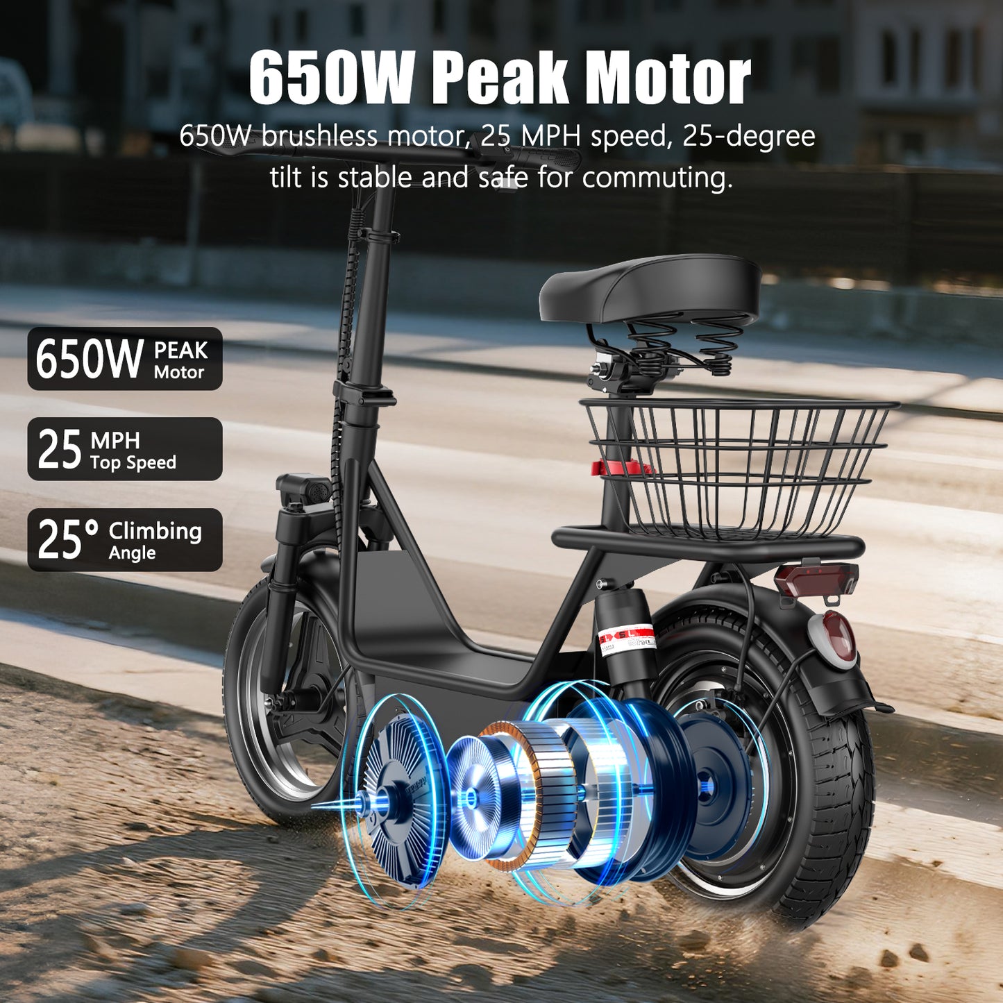 1200W Peak Electric Scooter with Basket or Box(Removable), 48V 15AH Peak Motor, Top Speed25 MPH, 25-30Mile, Adult Wide PedalEscooter with Seating Capacity of 365LBS