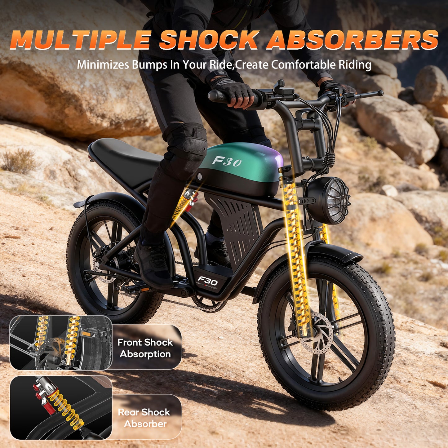 2200W Peak Electric Bike for Adults-F30, 20"4.0 Fat Tire Ebike, 7-Speed 48V 20Ah Cargo Ebike,All-Terrain Off-Road Electric Mountain Bicycle，Full Suspension /Disc Brake UL2849, Free Riding Bag,440Lbs