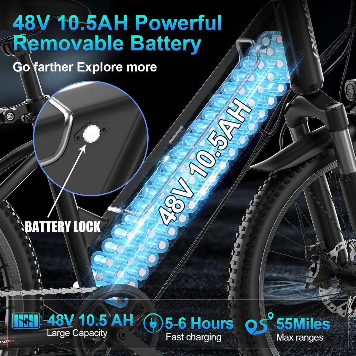 F26-1500W Off-Road Electric Bike, 26" Tire 55 Miles Electric Bike ,48V 10.5 Internal Battery (Removable), Top Speed 30MPH, Electric Mountain Bike Beach Bike, Professional 7 Speed UL2849