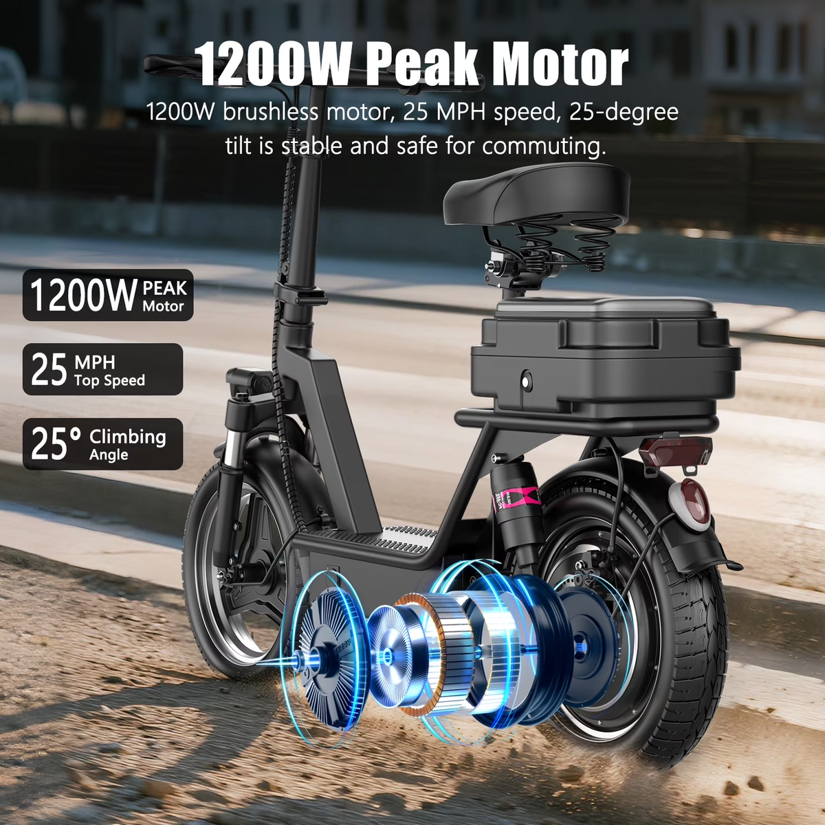 ASKGO K11 Electric Scooter for Adults, 1200W Peak 48V 15Ah, 14 Inch With Seat & Carry Box, up to 35 Miles 25MPH, UL2272