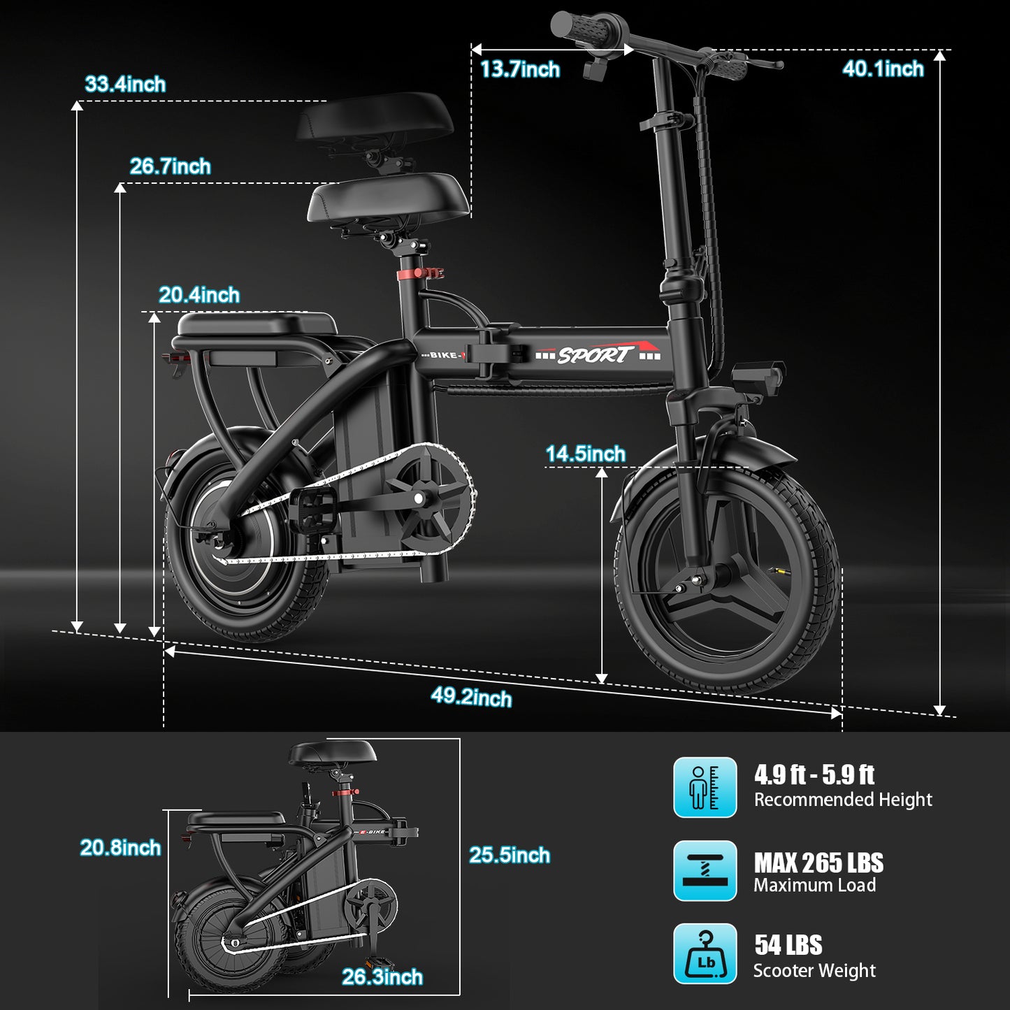 ASKGO 14" Folding Electric Bike for Adults Teens, 1200W Peak Motor 48V/10.5AH Battery, Commuter City Ebike, Electric Bicycle with Two Seats UL2849