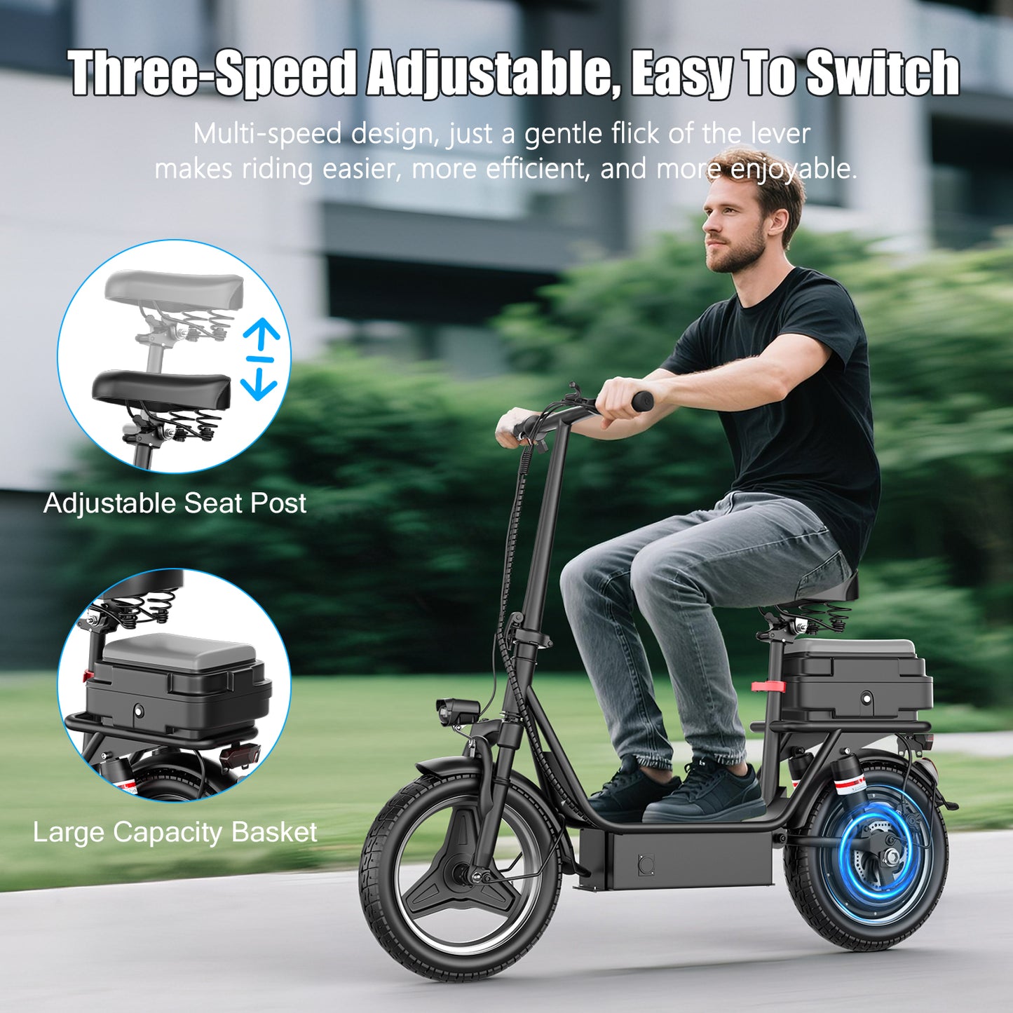 k11 Electric Scooter with Seat,1200W Peak Motor, 25 MPH 750Wh 35-45 Miles , 14" Foldable Commuting Electric Scooter with Box (Removable), Ample Storage for Pet & Cargo,UL2722,330LBS Capacity
