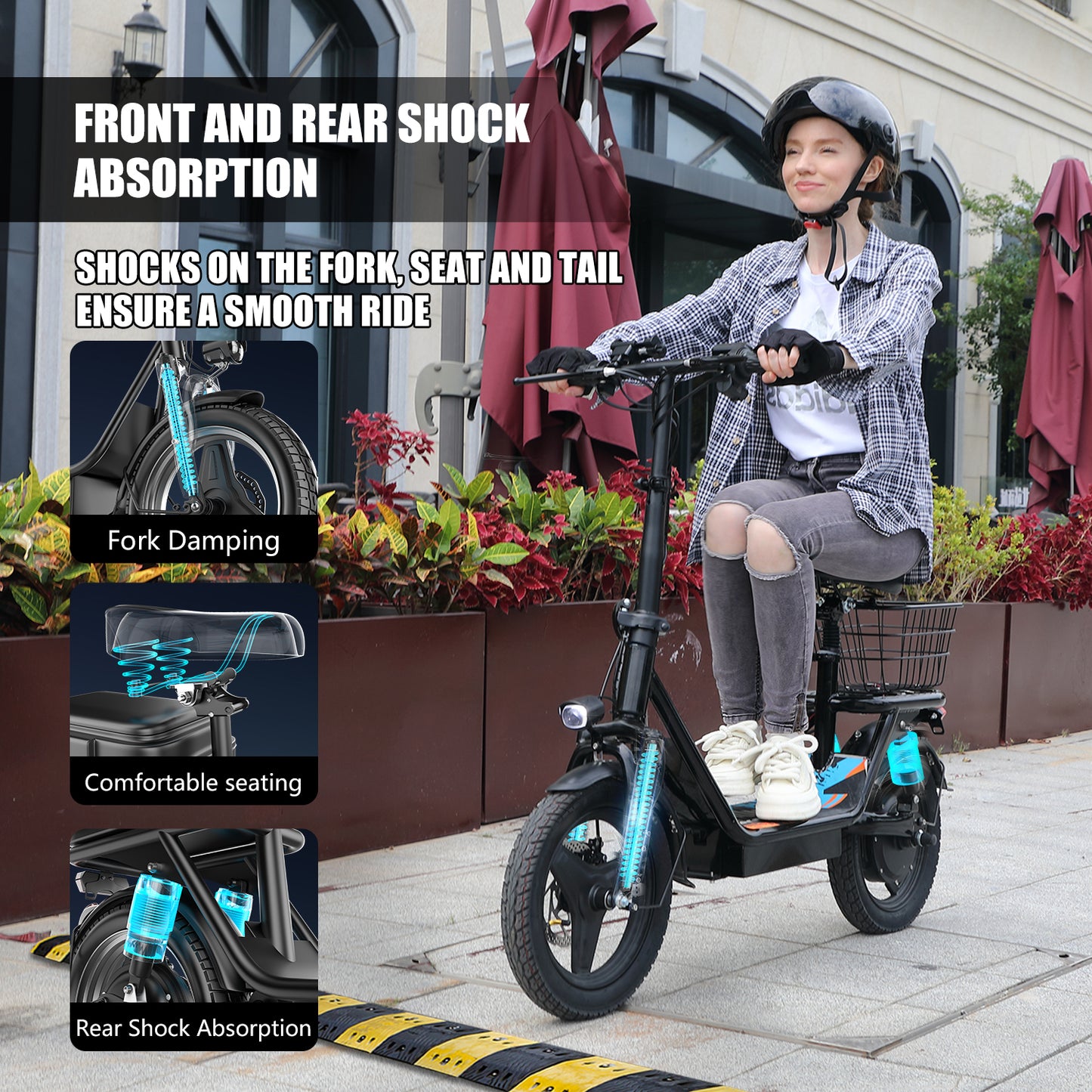 ASKGO K10 Electric Scooter with Seat,1200W Peak Motor 48V 15AH Commuter Scooter, 25Mph Escooter with basket (Removable),UL2722,Grocery Ebike, shopping Ebike, pet Ebike