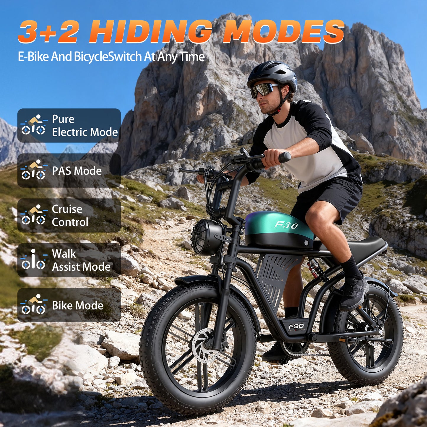 2200W Peak Electric Bike for Adults-F30, 20"4.0 Fat Tire Ebike, 7-Speed 48V 20Ah Cargo Ebike,All-Terrain Off-Road Electric Mountain Bicycle，Full Suspension /Disc Brake UL2849, Free Riding Bag,440Lbs