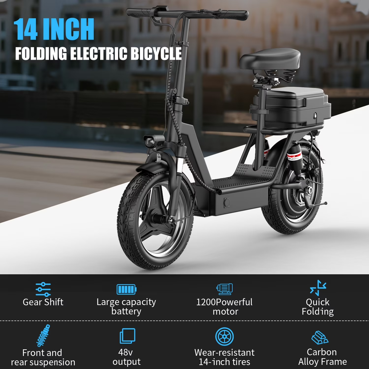 ASKGO K11 Electric Scooter for Adults, 1200W Peak 48V 15Ah, 14 Inch With Seat & Carry Box, up to 35 Miles 25MPH, UL2272