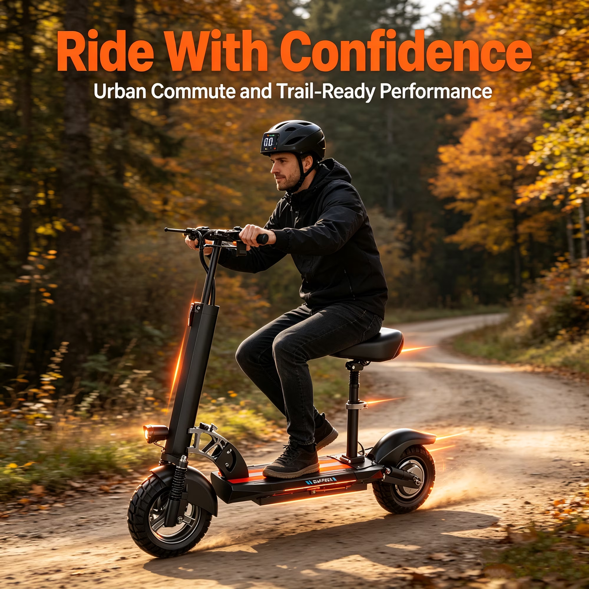 ASKGO 1200W Peak off‑road Electric Scooter with Seat, 48V 15Ah Foldable for Outdoor Use, up to 25MPH & 35‑45 Miles, 3‑Speed, 10" All Terrain Tire, UL2272