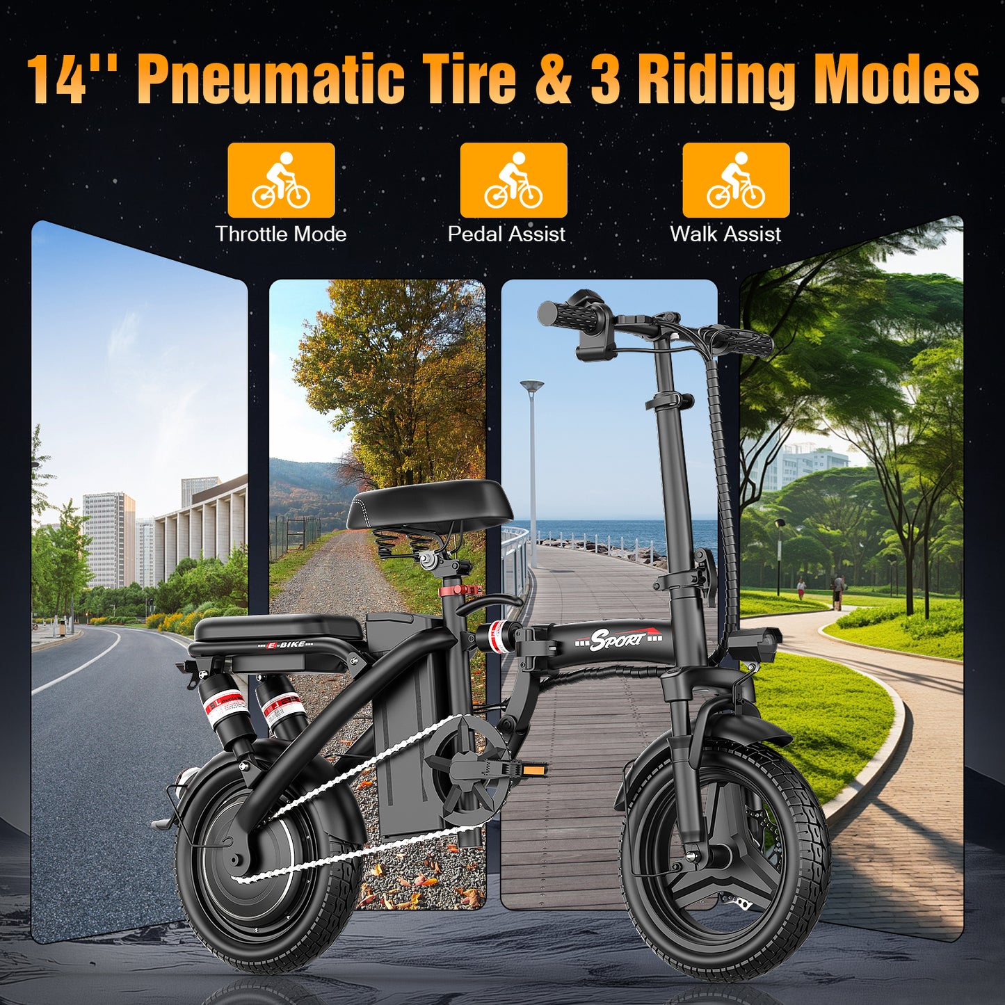 ASKGO Folding Electric Bike, 14" E-Bikes for Adults, 1200W Peak Electric Commuter Bicycle 48V 13Ah Removable Battery, Max Speed 25Mph, Black