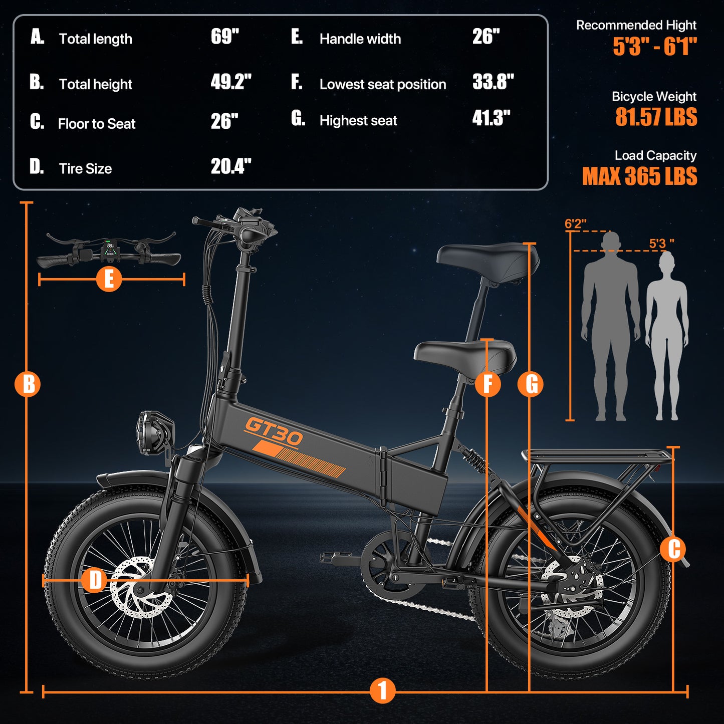 ASKGO 750W Rated Folding Electric Bike-GT30, 48V 20Ah Battery 28MPH 65Miles Range 20" Fat Tire E-Bike with Rear Rack for Adults,7 Speeds,UL2849