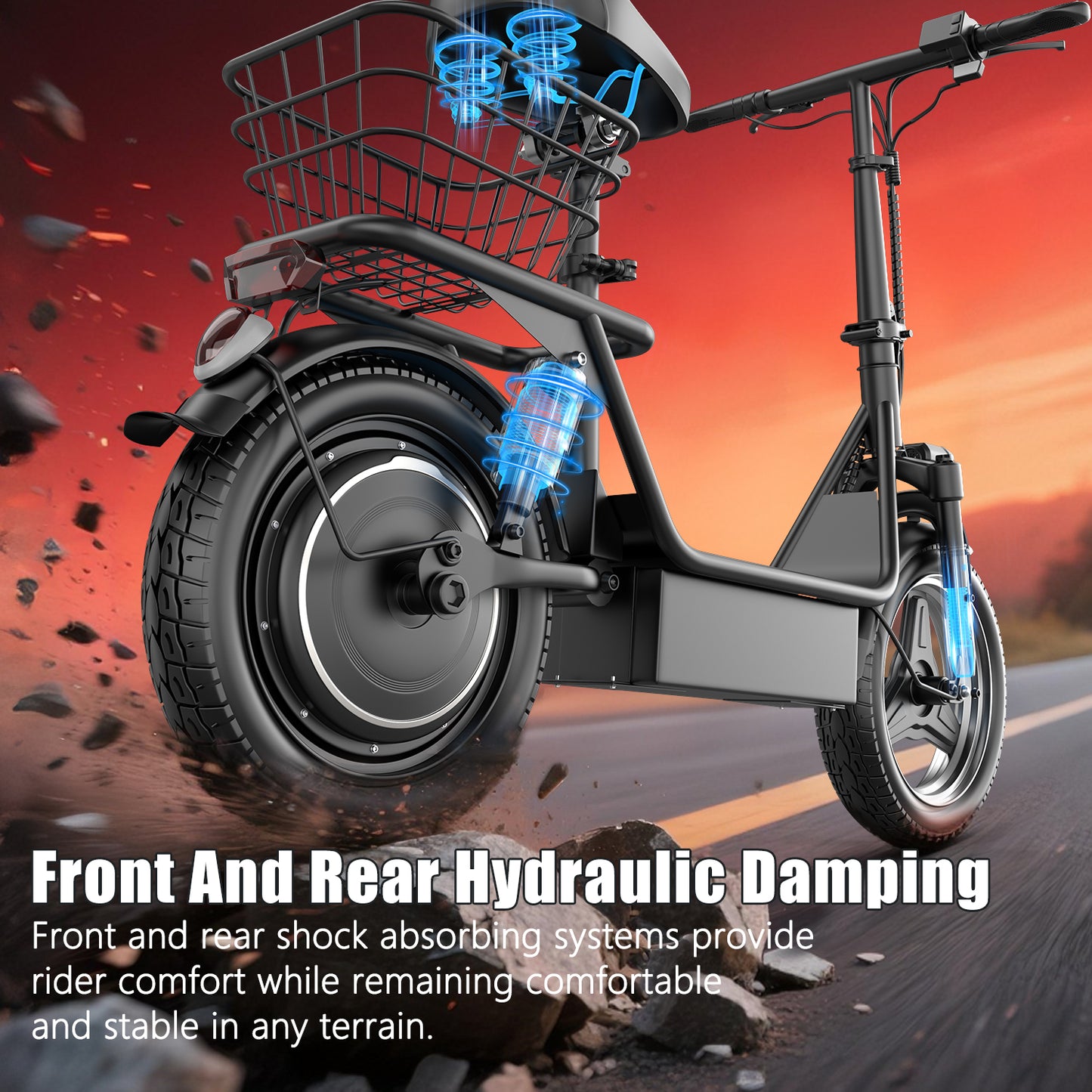 1200W Peak Electric Scooter with Basket or Box(Removable), 48V 15AH Peak Motor, Top Speed25 MPH, 25-30Mile, Adult Wide PedalEscooter with Seating Capacity of 365LBS