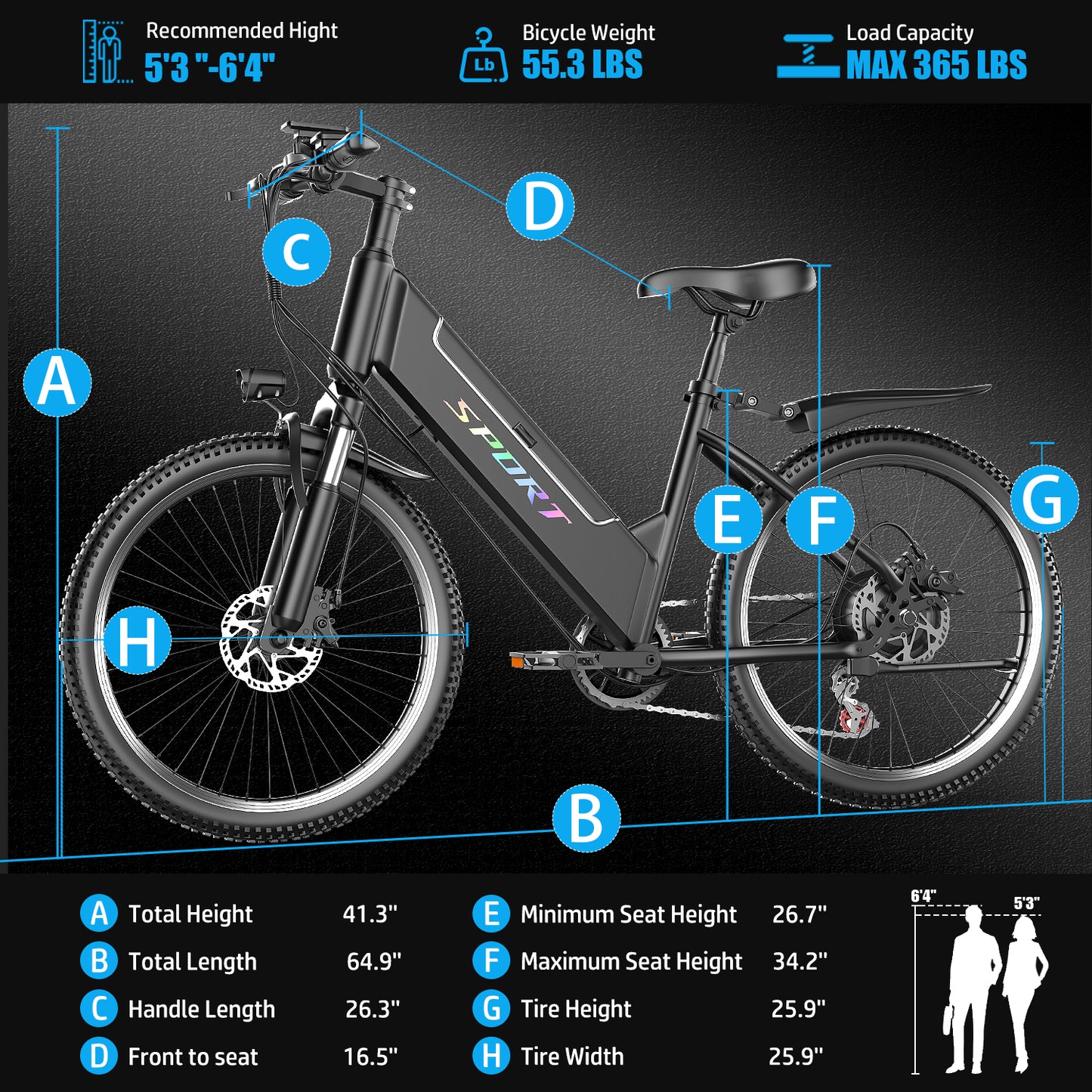 F26-1500W Off-Road Electric Bike, 26" Tire 55 Miles Electric Bike ,48V 10.5 Internal Battery (Removable), Top Speed 30MPH, Electric Mountain Bike Beach Bike, Professional 7 Speed UL2849