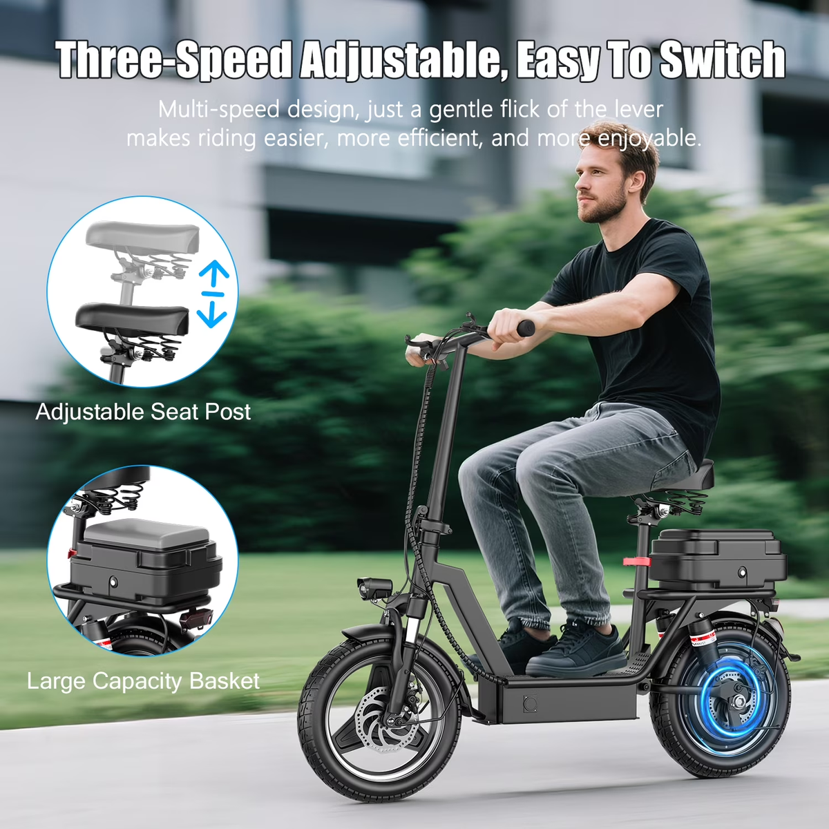 ASKGO K11 Electric Scooter for Adults, 1200W Peak 48V 15Ah, 14 Inch With Seat & Carry Box, up to 35 Miles 25MPH, UL2272