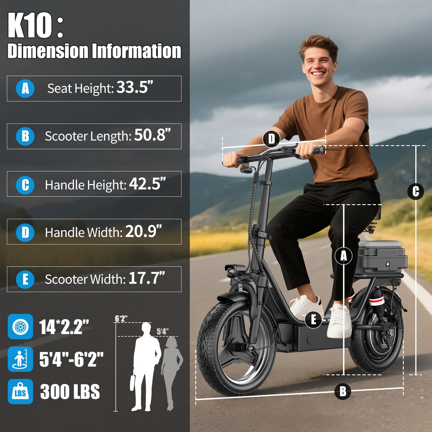 k11 Electric Scooter with Seat,1200W Peak Motor, 25 MPH 750Wh 35-45 Miles , 14" Foldable Commuting Electric Scooter with Box (Removable), Ample Storage for Pet & Cargo,UL2722,330LBS Capacity