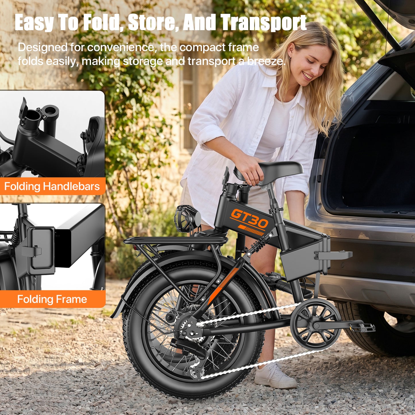 ASKGO 750W Rated Folding Electric Bike-GT30, 48V 20Ah Battery 28MPH 65Miles Range 20" Fat Tire E-Bike with Rear Rack for Adults,7 Speeds,UL2849