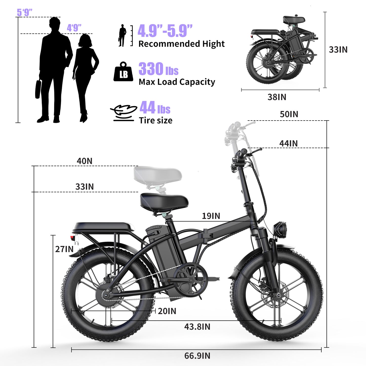 Electric Bike for Adults, 1000W Peak Motor, 20"×4" Fat Tire E Bike with Rear Seat, 48V 20AH Removable Battery, 32MPH 65Miles Range Folding Electric Bicycles for Outdoors, Commuting