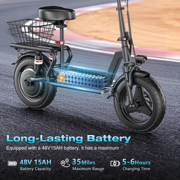 ASKGO 1200W Electric Scooter with Seat,25MPH &35Miles,14" Puncture-Resistant Double-Layer Tires,48V 15A Battery with Waterproof Charging Portam and Basket,3-Speed Commuter E scooter,UL2272
