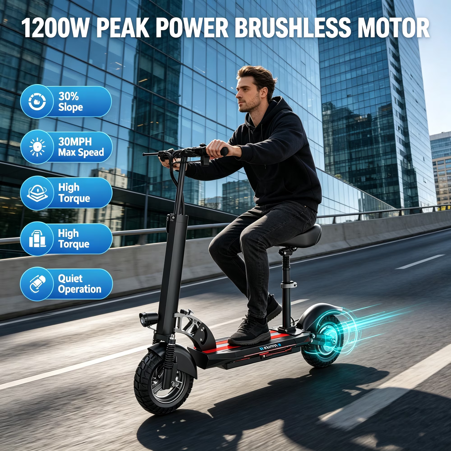 ASKGO 1200W Peak off‑road Electric Scooter with Seat, 48V 15Ah Foldable for Outdoor Use, up to 25MPH & 35‑45 Miles, 3‑Speed, 10" All Terrain Tire, UL2272