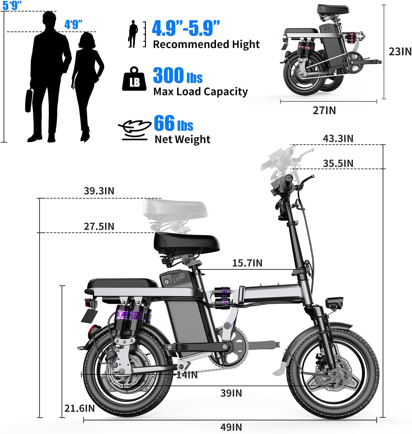 2Pack F12 Electric Bike for Adults Teens, 1200W Peak Motor, 25MPH Folding E-Bike, 48V 13Ah Removable Battery, 3-speed Ebike with R-seat, 14" Compact Electric Bicycle with Pedals for Commuting,UL2849